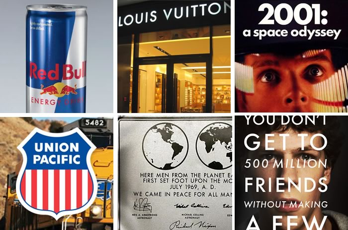 Red Bull, Louis Vuitton, 2001:a Space Odyssey, The Social Network, The Apollo 11 Moon plaque and Union Pacific (Clockwise)