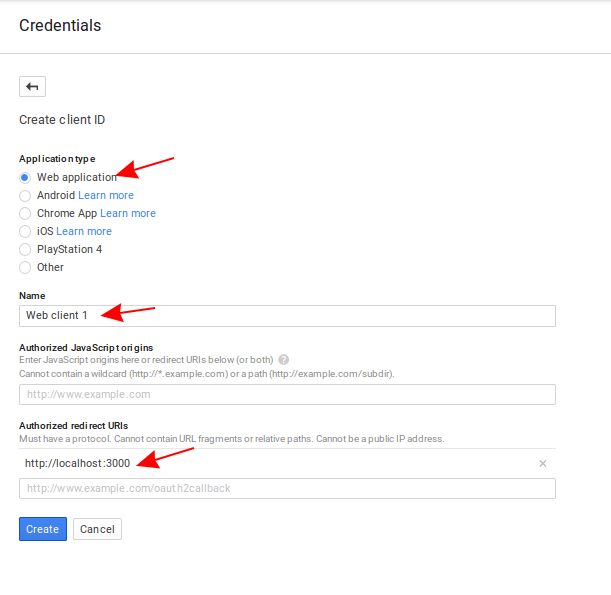 Screenshot of the create client ID form