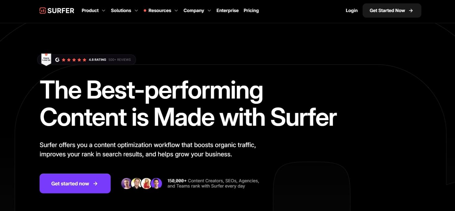 Surfer SEO website main page